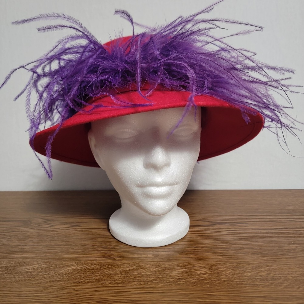 Vintage Ladies Red Hat Society Hat Wool Felt Feathers Red & Purple Beautiful OS